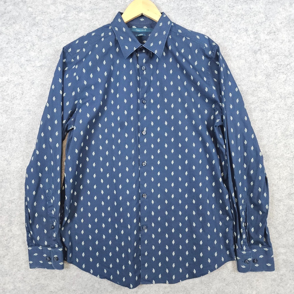 Perry Ellis Men's Button Up Shirt Size L Navy Blue With‎ Geometric Leaves Print
